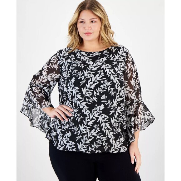 Kasper Plus Size Printed Crewneck Ruffle-Sleeve Lined Floral Blouse Size 2X NWT - Picture 3 of 3